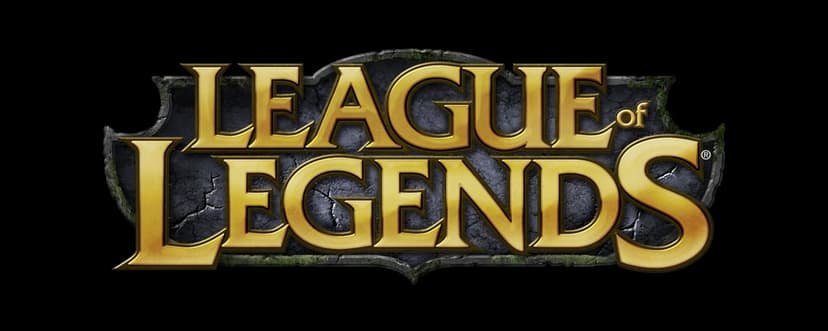 League of Legends logo in beveled gold letters set against a dark cracked stone and mossy background.