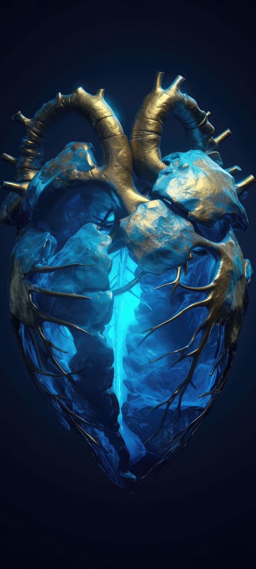Anatomical heart sculpture with a glowing blue core and gold metallic veins set against a solid black background.