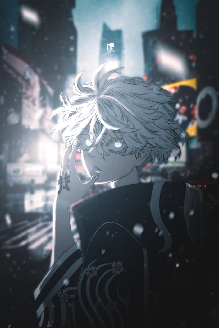 White haired swordsman with glowing eyes and floral robes stands in a snowy urban street at night.