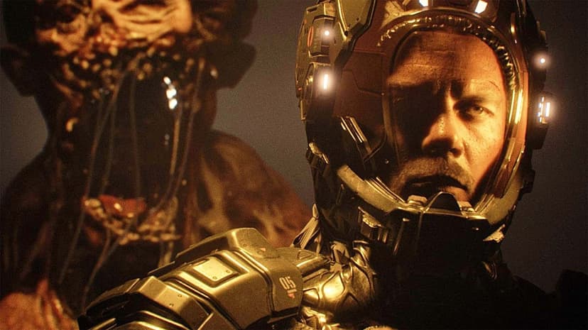 A man in futuristic armor stares forward as a monstrous creature looms in the dark shadows behind him.