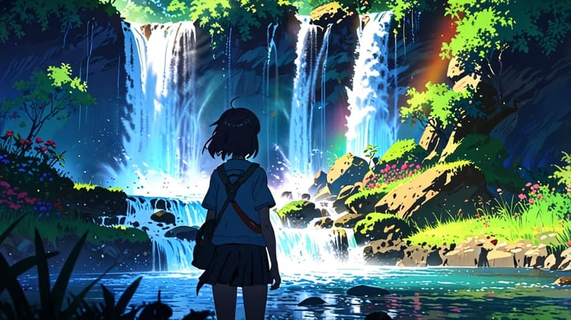 Young girl stands before a towering waterfall and colorful rainbow surrounded by dense green jungle foliage.