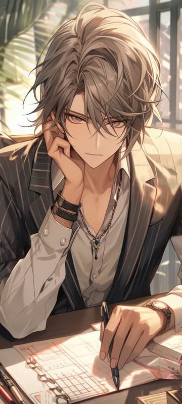 Anime man in suit working at desk, pensive pose