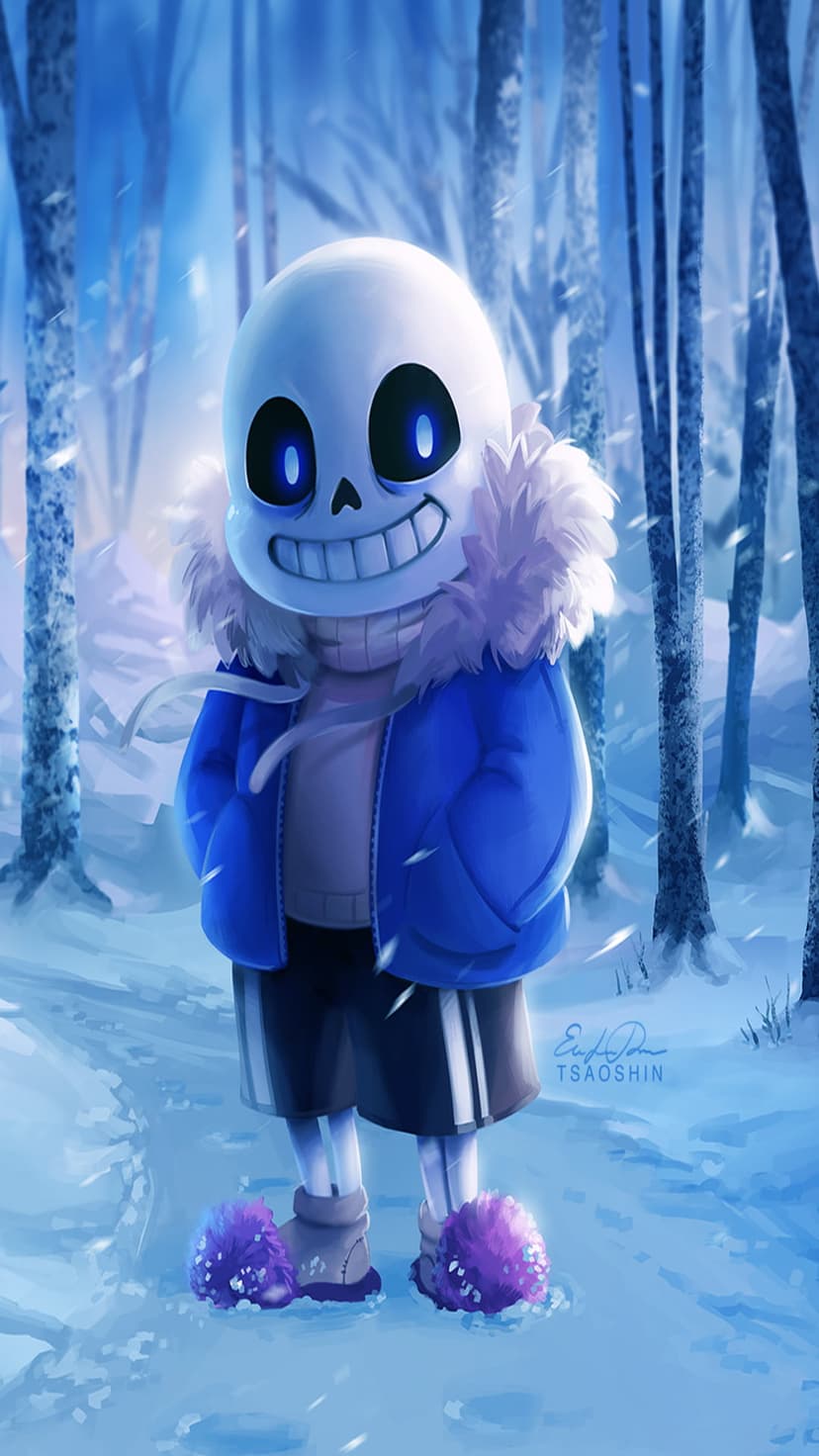 Sans the skeleton wears a blue jacket and purple slippers while standing in a snowy forest with falling flakes.