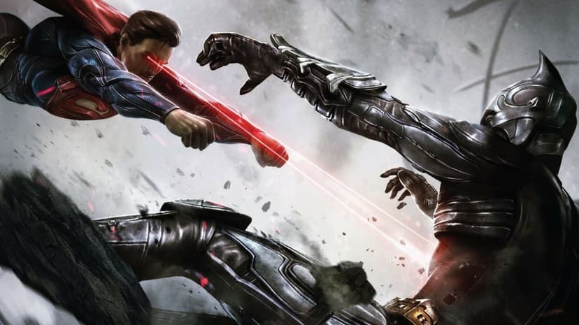 Superman fires heat vision at an armored Batman amidst smoke and debris in a dark, cinematic battle scene.