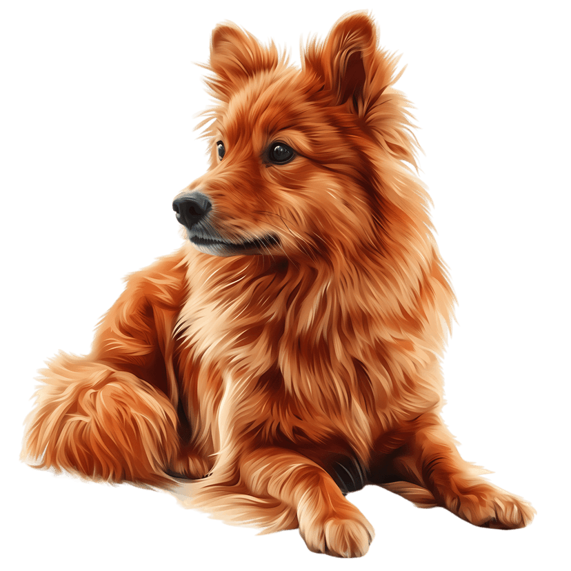 Orange Pomeranian dog digital illustration featuring detailed fur texture and perked ears on a black background.