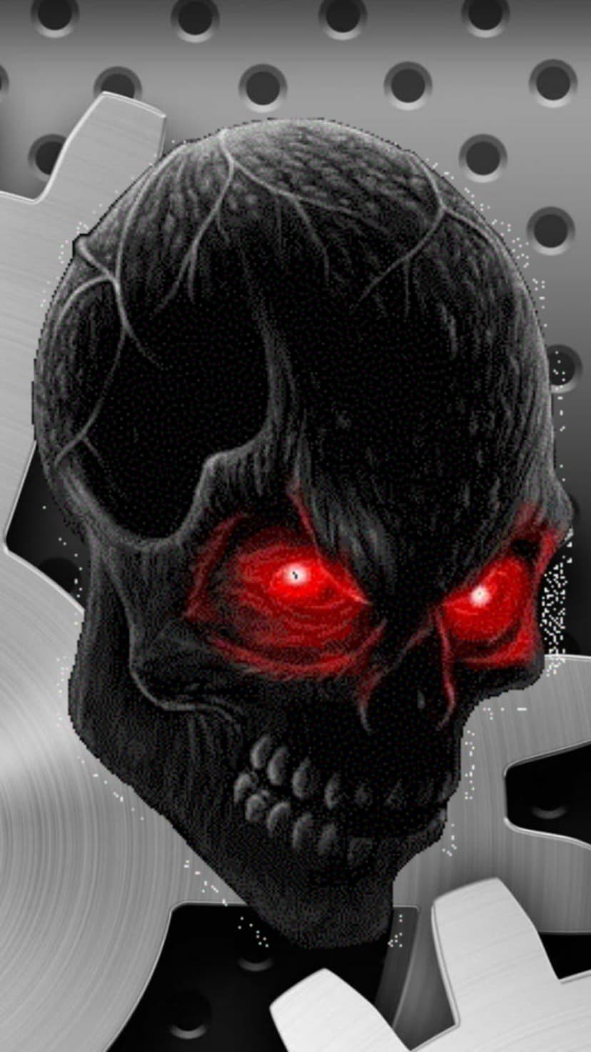 Black textured skull with glowing red eyes positioned in front of metallic industrial gears and perforated metal.