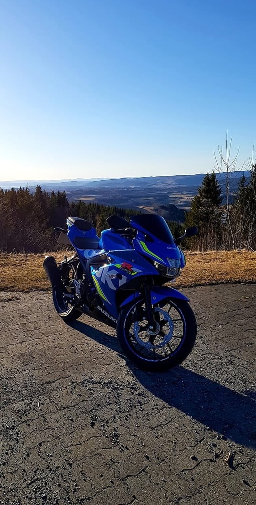 Blue Suzuki sportbike on a cracked asphalt overlook with evergreen forests and distant mountains under a clear sky.