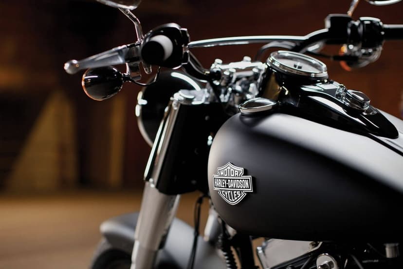 Matte black Harley-Davidson fuel tank with silver logo and chrome handlebars in soft lighting.