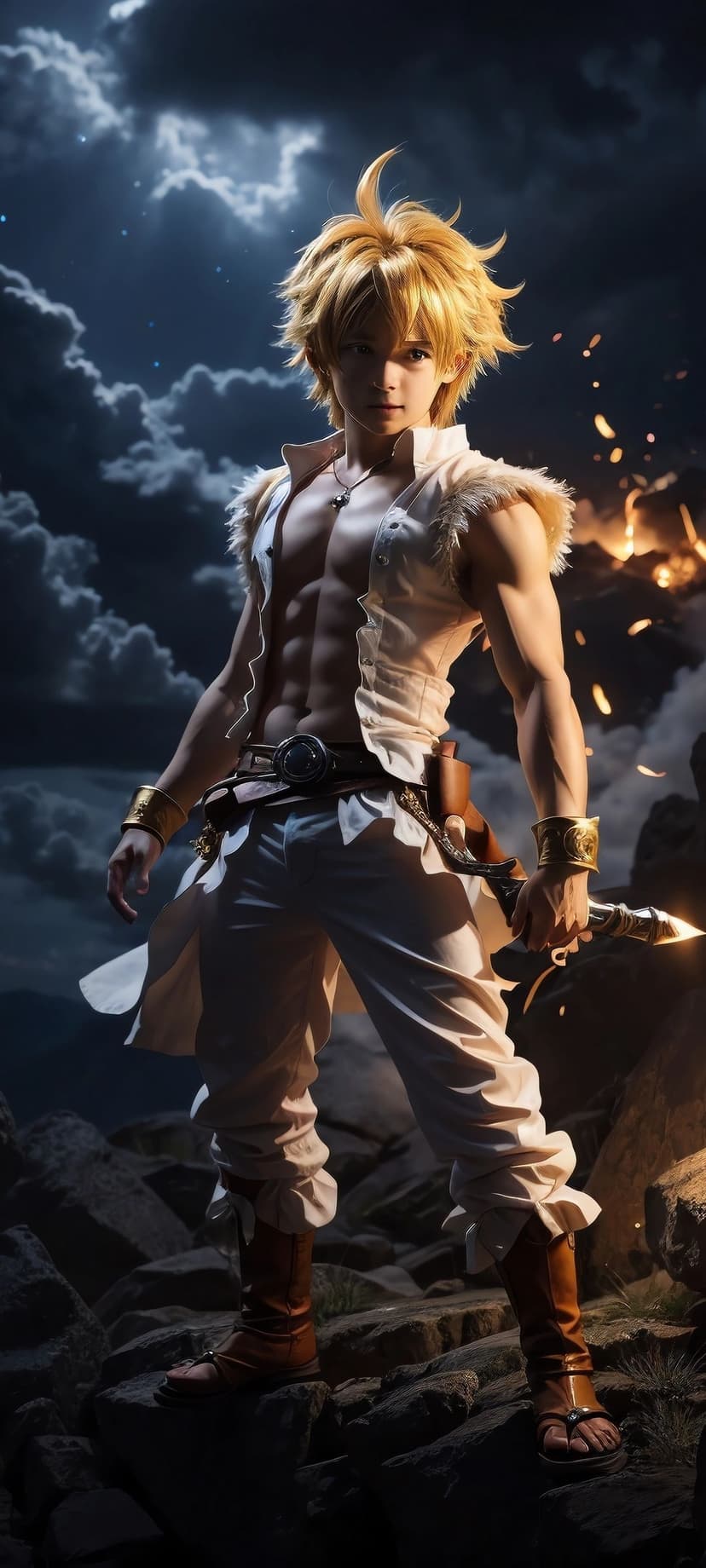 Muscular blonde warrior holding a glowing sword stands on rocks before a fiery explosion under a dark night sky.
