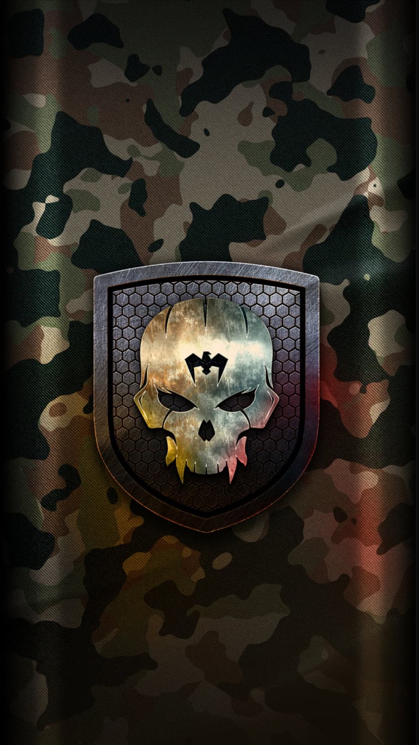 Chrome skull with fangs and a forehead crest centers a hexagonal shield over rugged camouflage patterns.