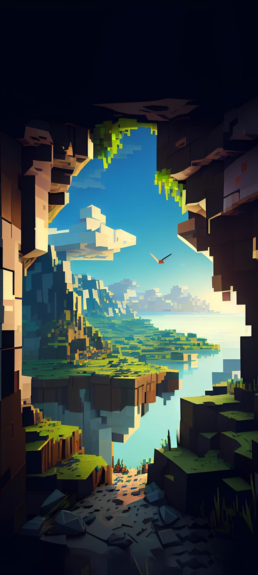 Floating grassy islands drift through a bright blue sky with a tiny bird soaring in the distance from a dark cave.