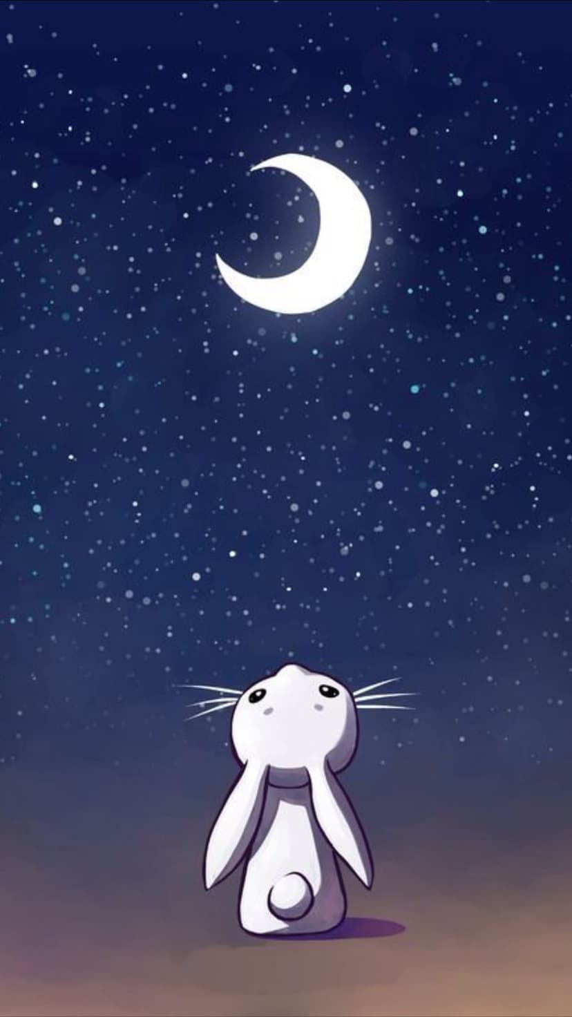 White bunny looks up at a large glowing crescent moon and tiny stars against a dark blue night sky.