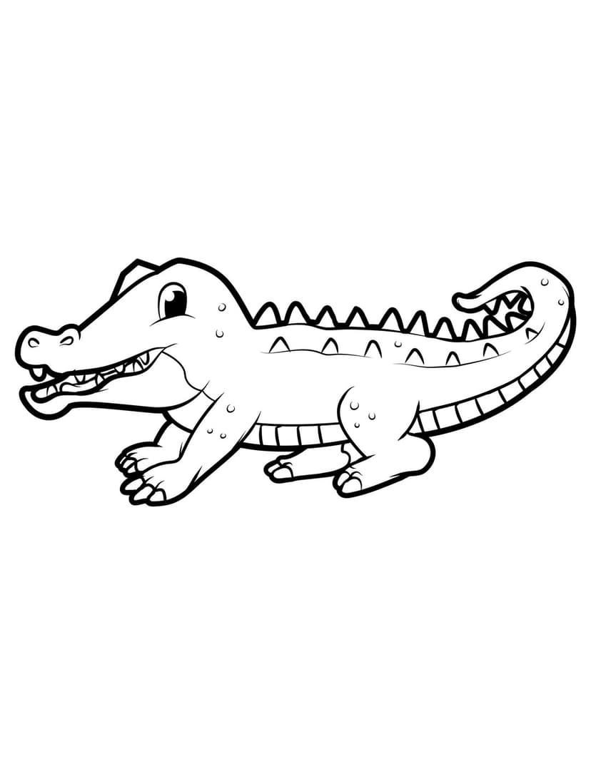 Alligator line art illustration features a smiling reptile with a scaly back and crisp black outlines.