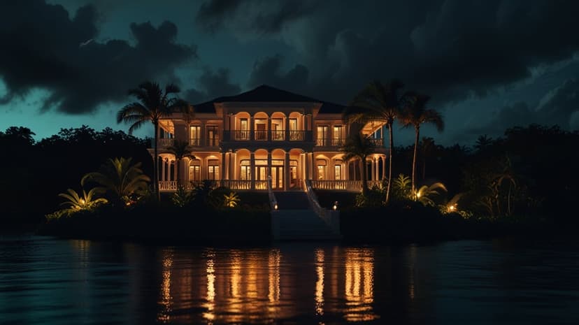 Grand multi-story villa with lit windows on a small island at night with palm trees and a reflecting lake surface.