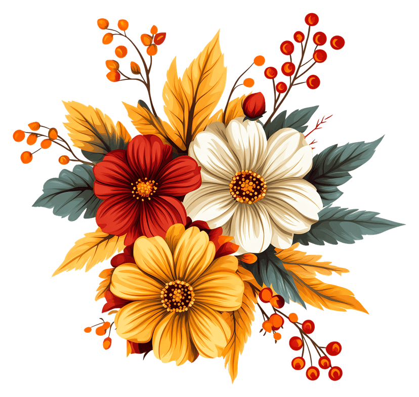 Autumnal floral arrangement featuring orange marigolds, red maple leaves, and berries on a transparent background.