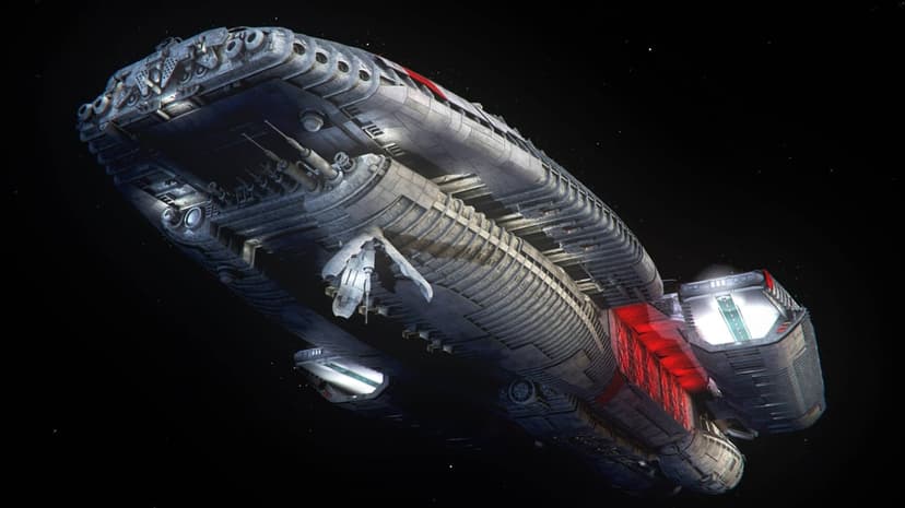 Massive sci-fi cruiser with glowing flight pods and ribbed hull plating drifting through a starry black void.