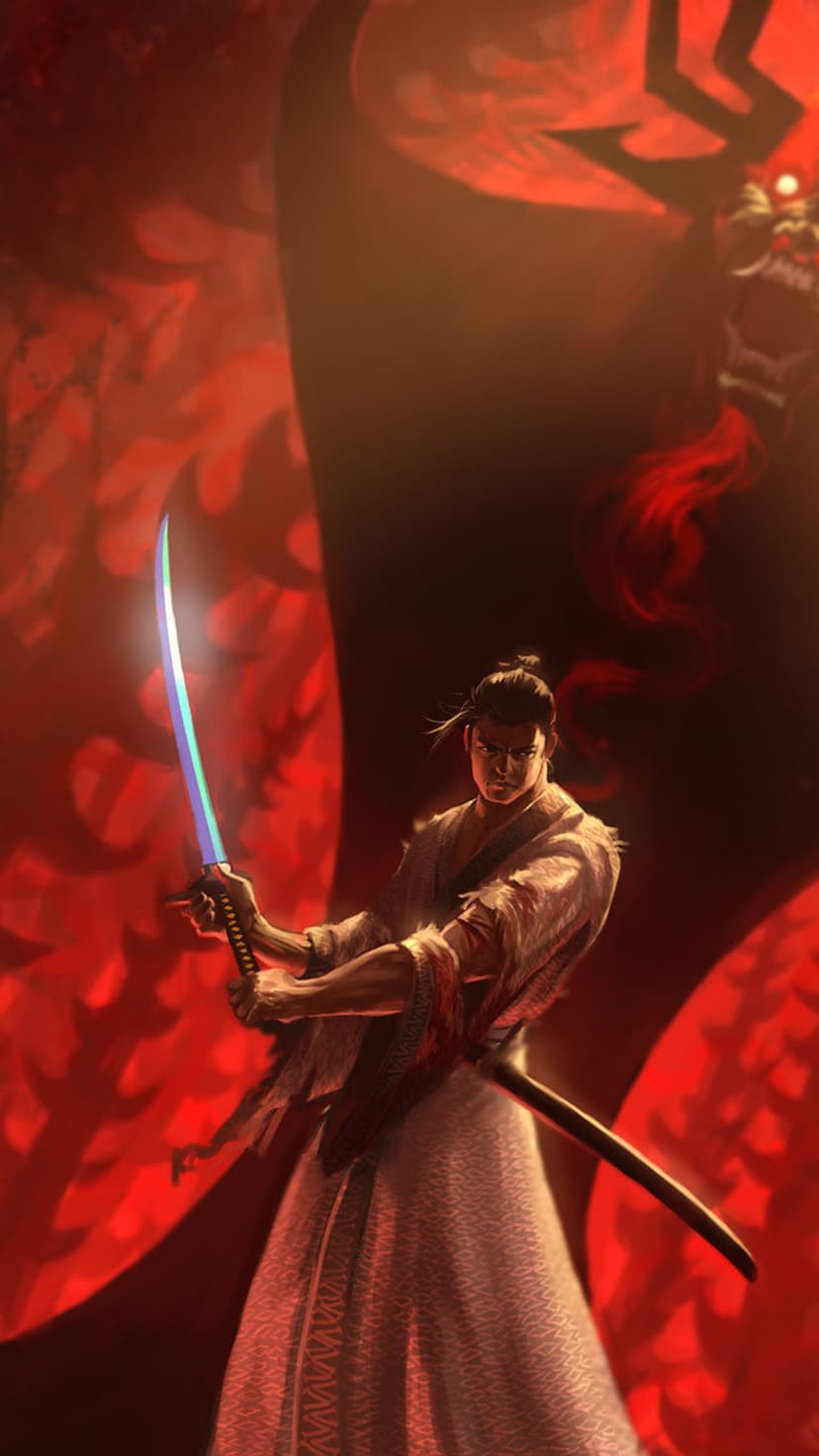 Samurai Jack grips a glowing katana while facing red demonic tendrils and Aku's looming silhouette.