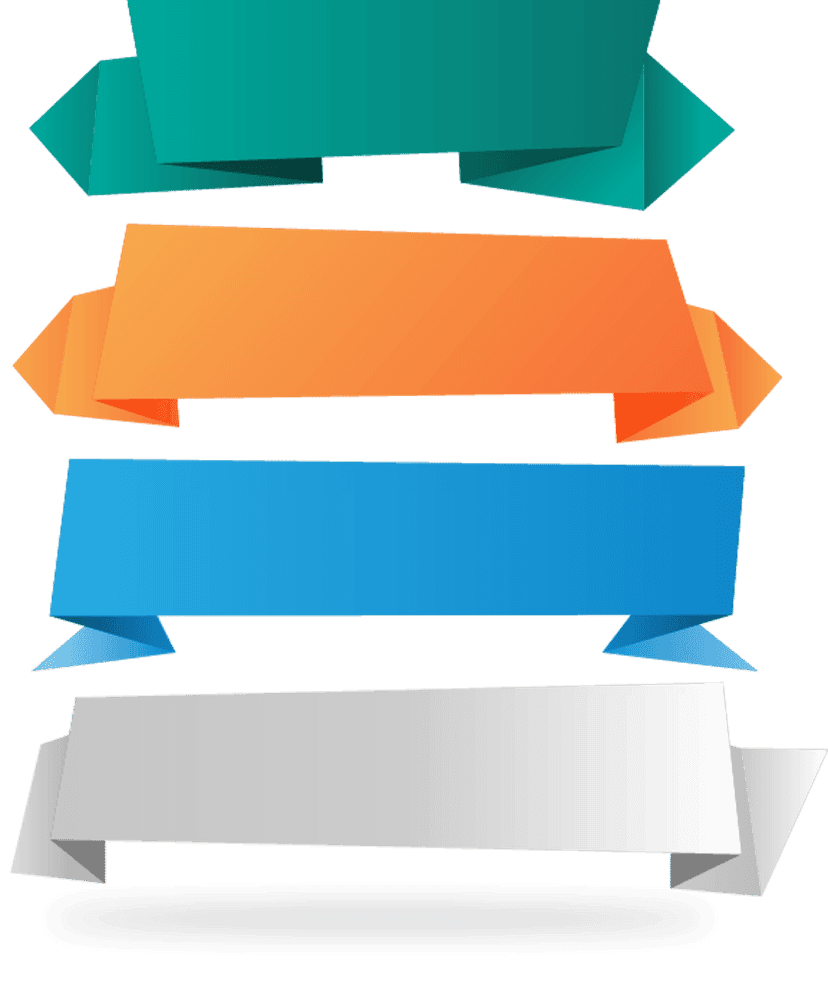 Paper ribbon banner collection showing four assorted primary color labels with realistic matte textures and folds.