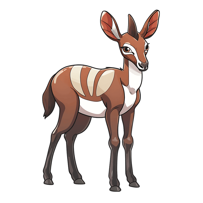 Bongo antelope cartoon character with vertical white stripes and reddish-brown coat standing on transparent background.