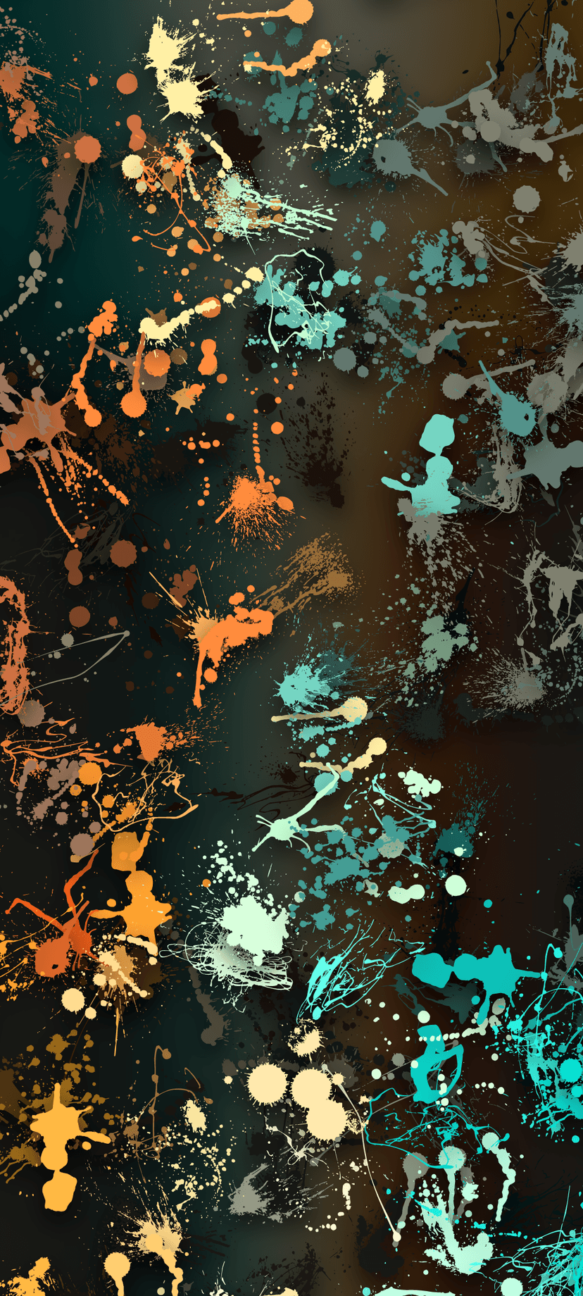 Teal and orange paint splatters burst across a dark textured surface with fine droplets and high-contrast motion.