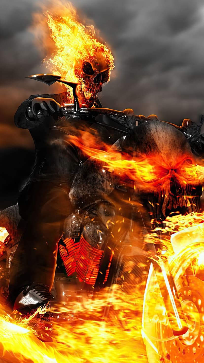 Flaming skull motorcyclist rides a burning chopper through dark clouds with sparks flying in the air.