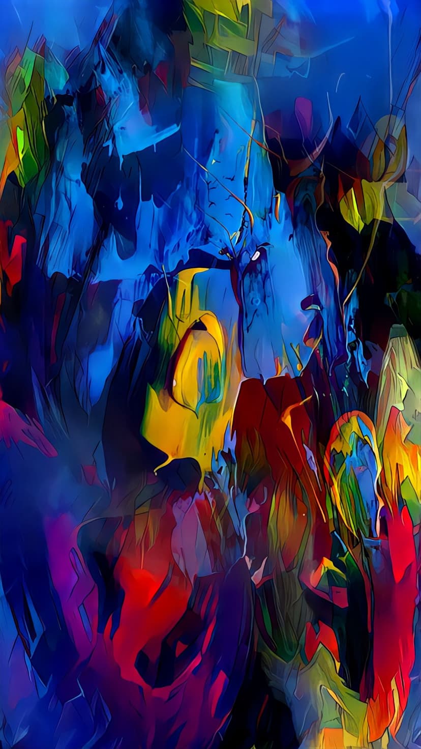 Cobalt blue and fiery red brushstrokes intermingle with yellow splatters in a textured vertical abstract painting.
