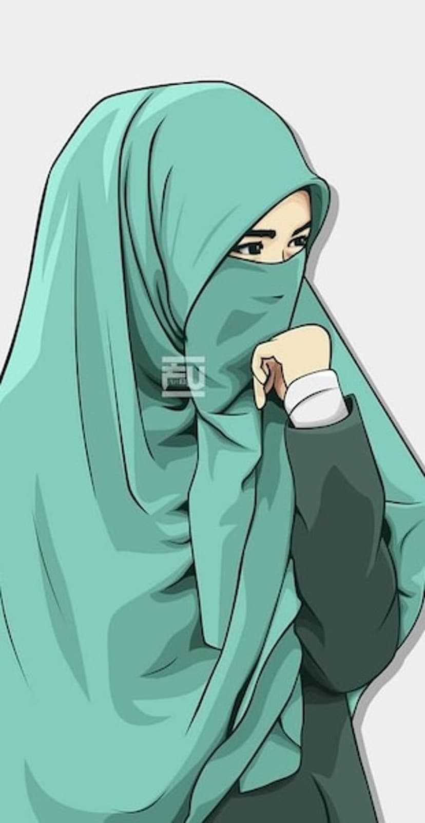 Muslim woman in a teal niqab and hijab rests her hand on her chin with a pensive expression and dark eyes.