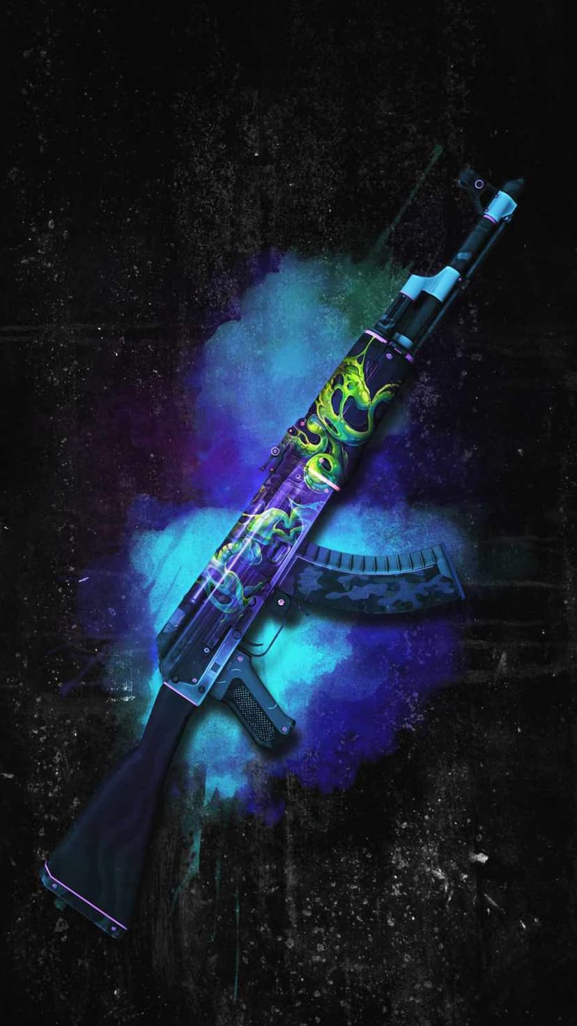 AK-47 rifle with neon green smoke patterns and purple accents against a dark textured background with vapor.