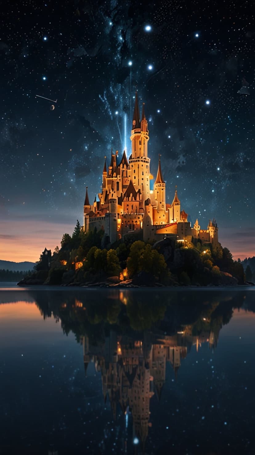 Medieval castle with glowing windows reflects in a still lake beneath a star-filled nebula at midnight.