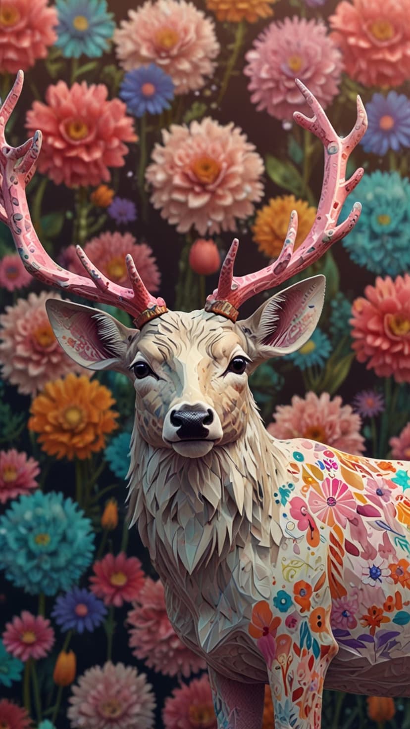 Floral-patterned deer with blossoming pink antlers stands in a field of colorful wildflowers and green foliage.