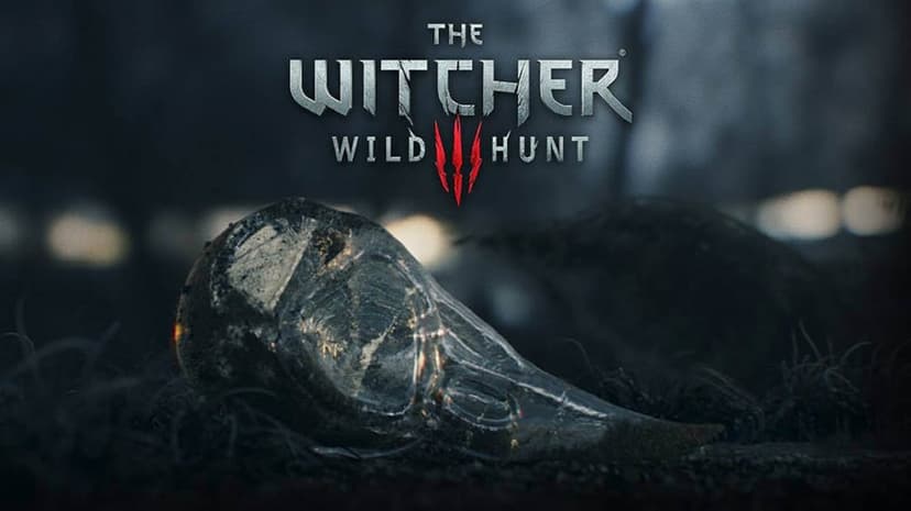 Silver Witcher 3 Wild Hunt logo above a weathered bird skull on dark soil in a cinematic, moody forest setting.