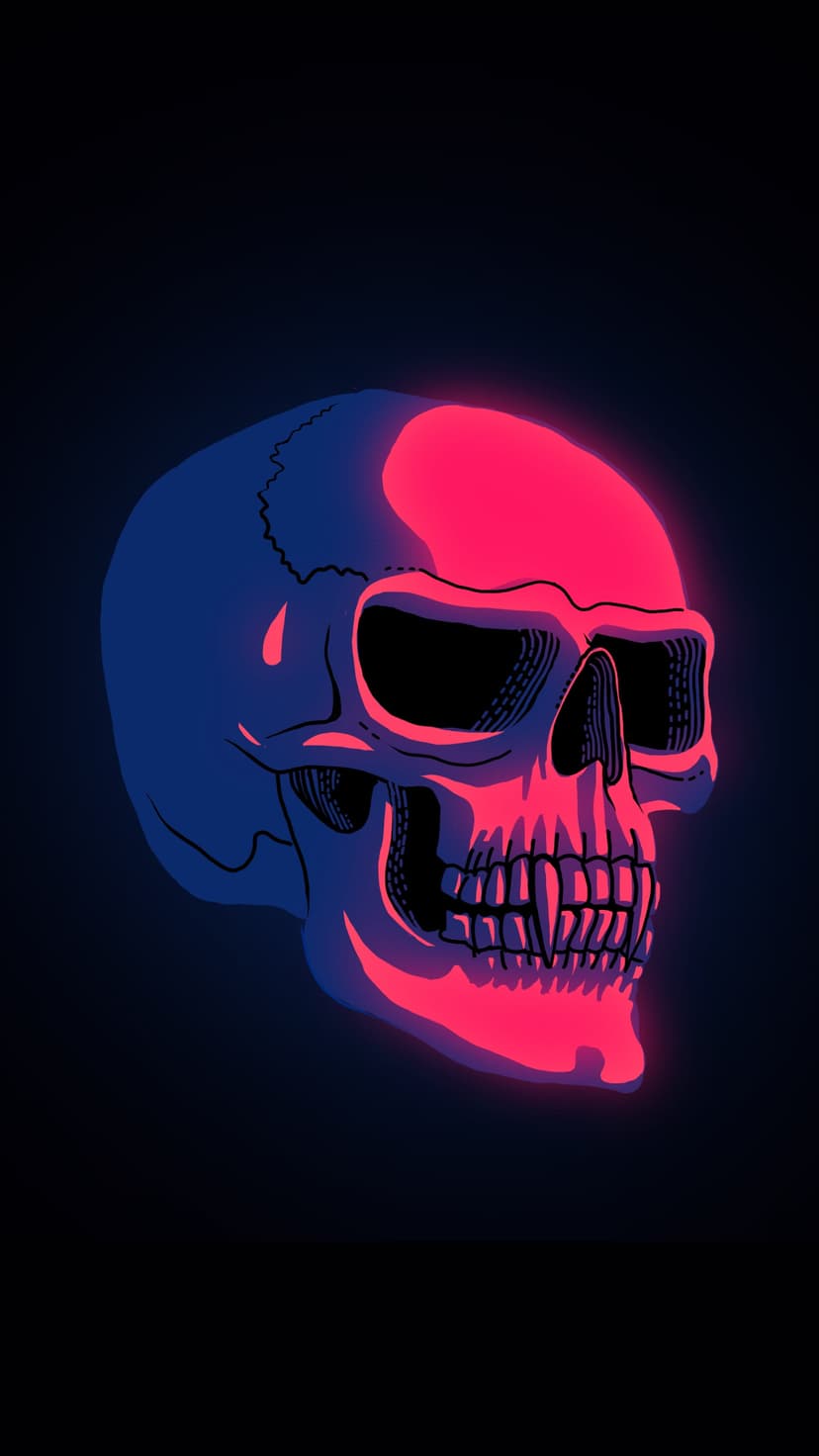 Human skull illuminated by neon pink and blue light against a black background with sharp glowing light edges.