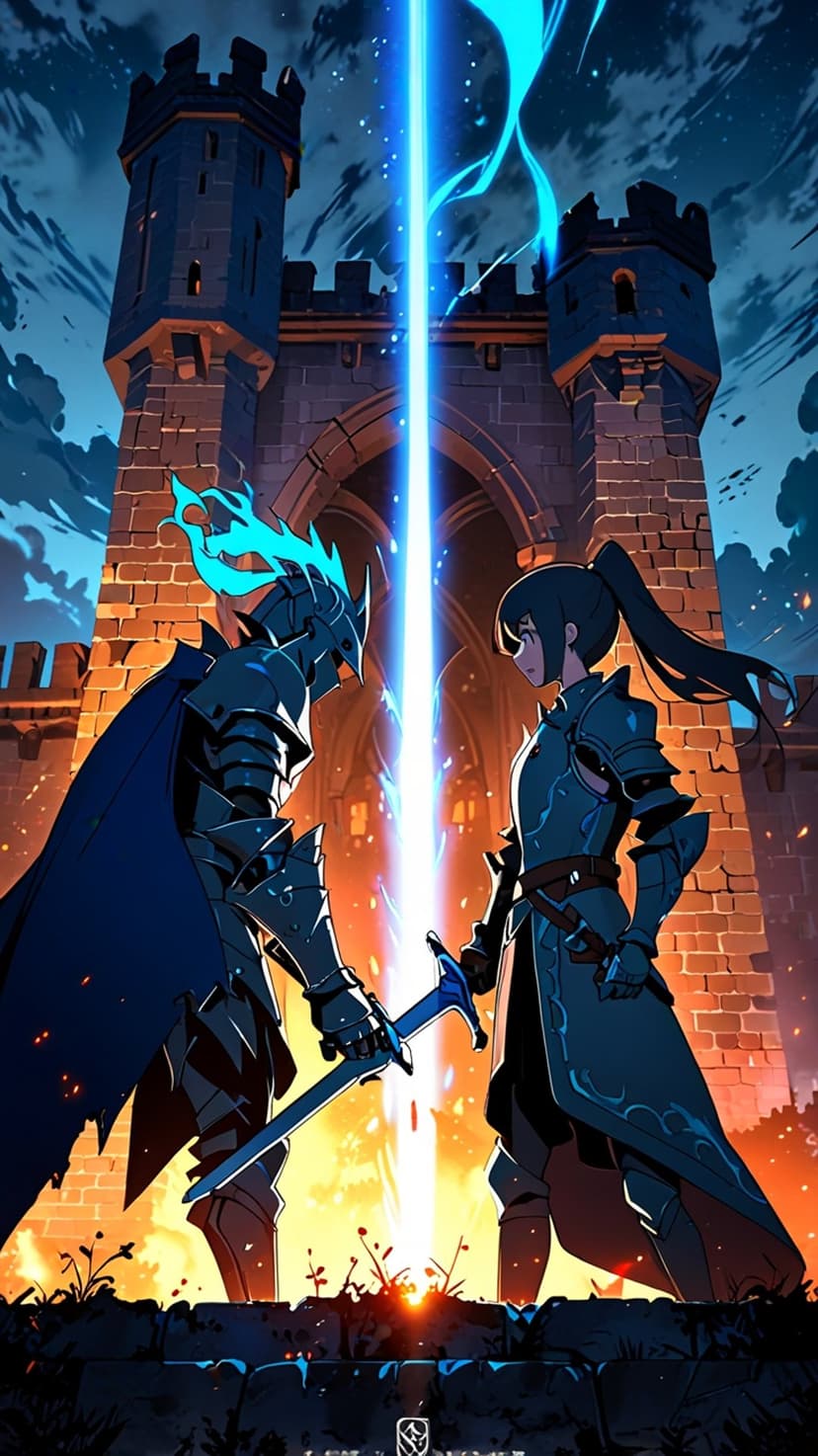 Two knights in armor with swords stand at a castle entrance under a radiant vertical beam of blue light and sparks.