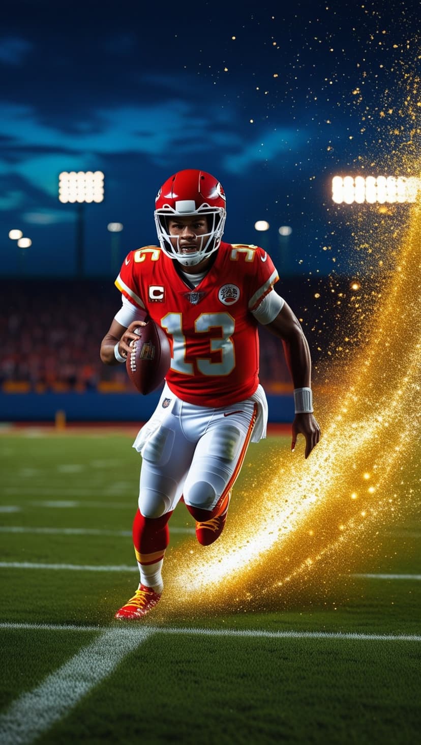 American football player in red sprinting across turf with trailing gold sparkles under bright stadium lights.
