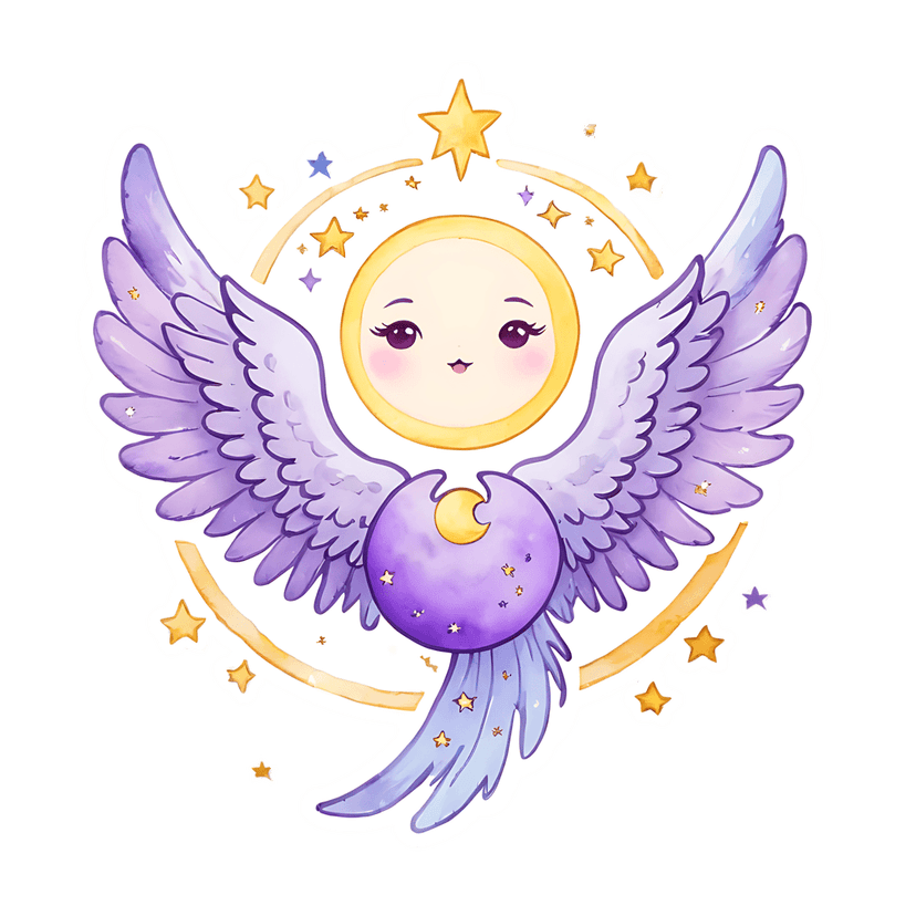 Celestial character sticker with lavender wings and a sun face holds a purple moon orb inside a golden star ring.