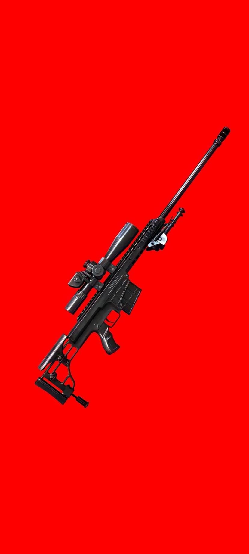 Black tactical sniper rifle with a telescopic scope and bipod centered on a vibrant solid red background.