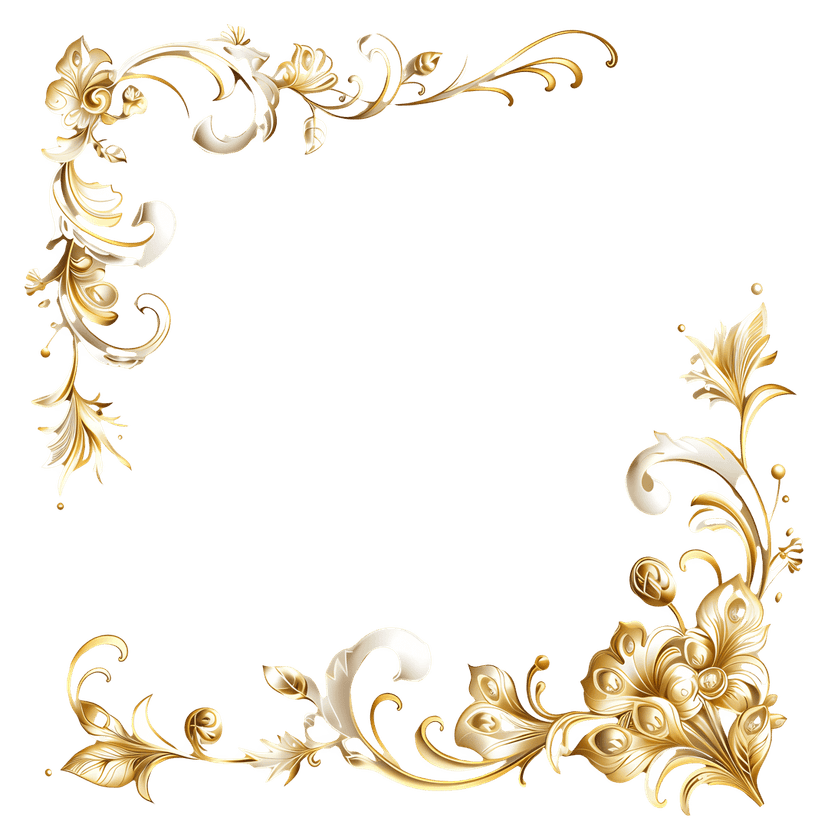Gold floral frame corner ornaments feature intricate filigree scrollwork and reflective metallic textures.