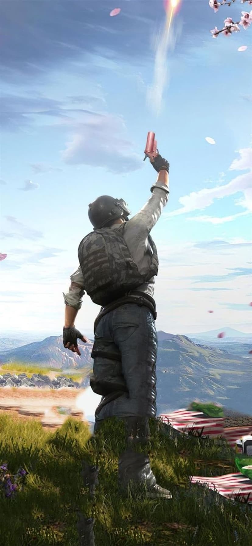 Tactical soldier launches a signal flare from a grassy peak while pink cherry blossoms drift through the air.