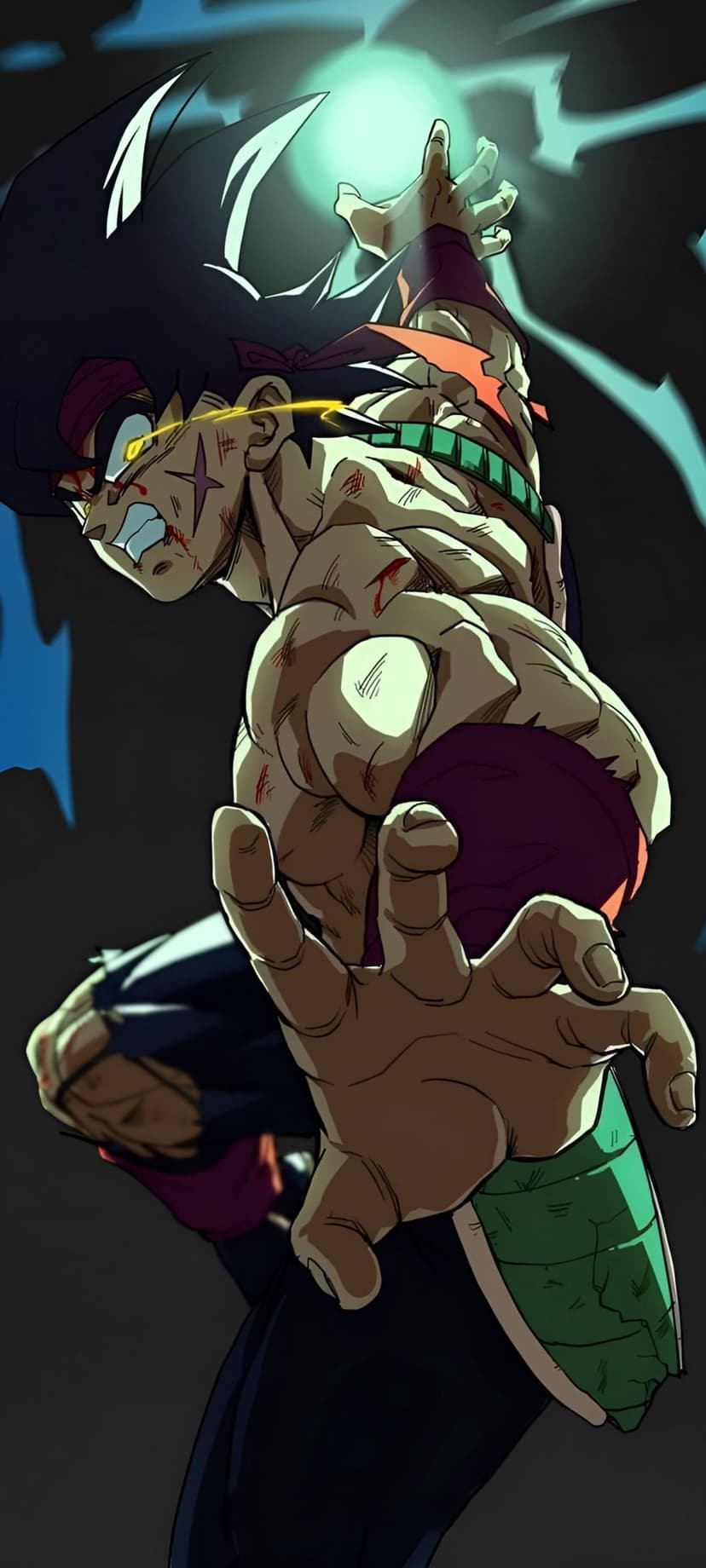 Bardock wears battle-damaged armor and charges a glowing energy orb against a dark, atmospheric background.