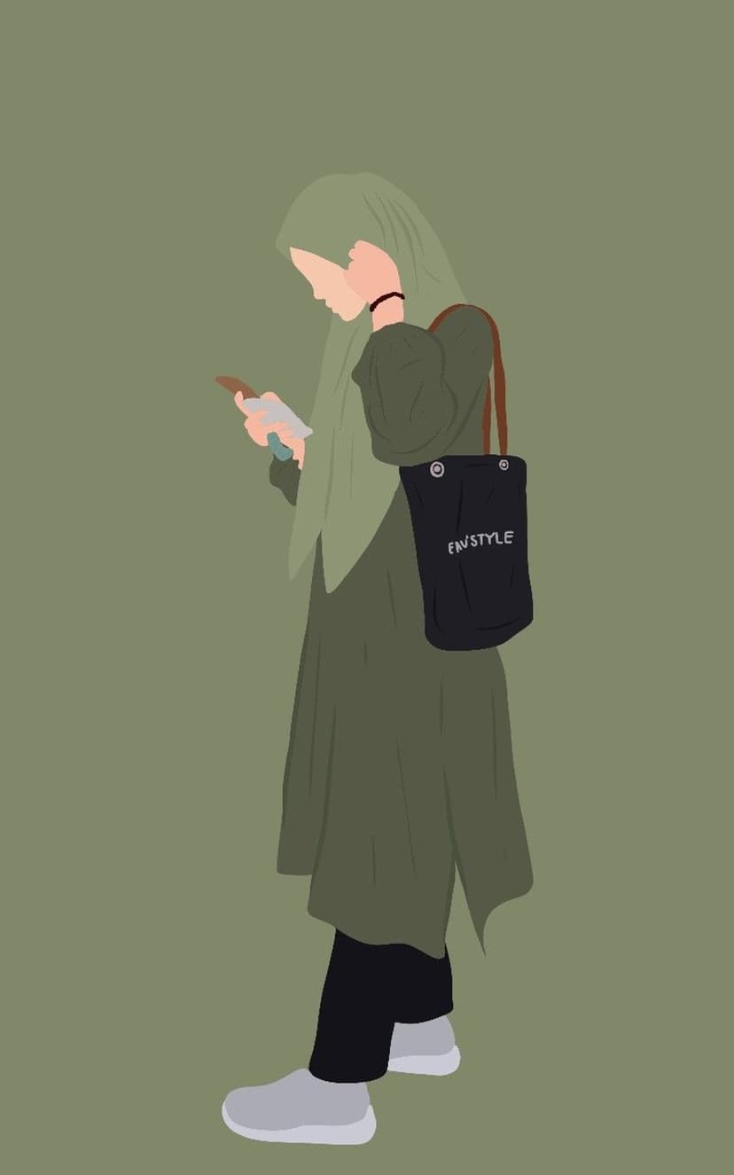 Muslim woman wearing a green hijab and dress holds a smartphone while carrying a black tote bag on her shoulder.