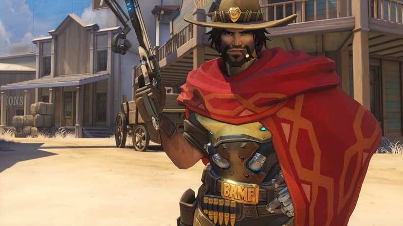 Cassidy from Overwatch wearing a red serape and holding a revolver on a sunny western movie set background.