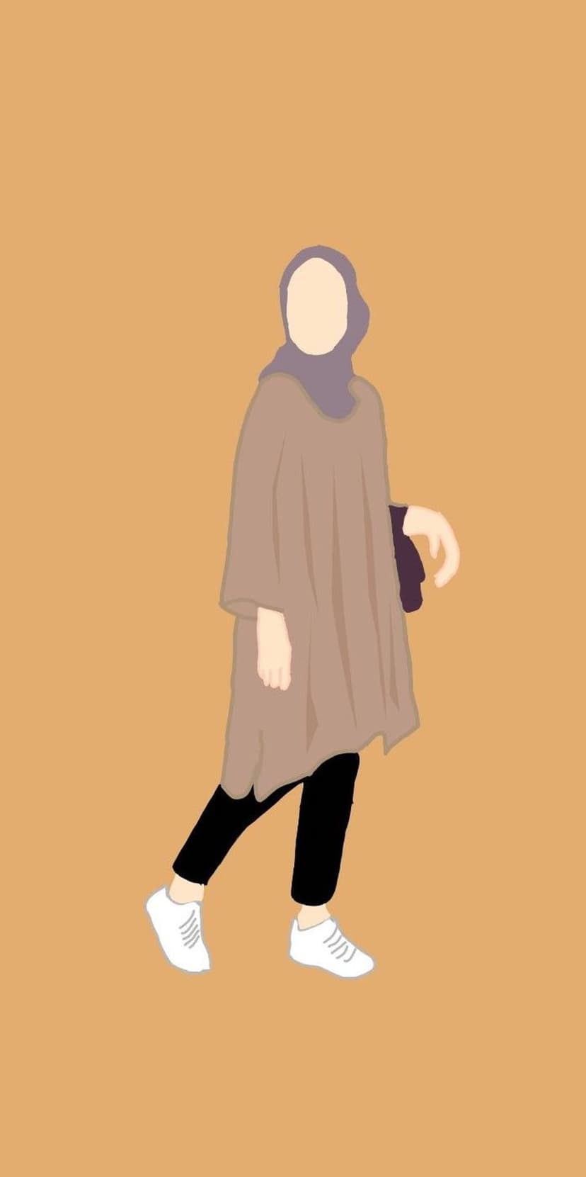 Muslim woman wearing a brown tunic, black pants, and white sneakers stands before a solid orange background.