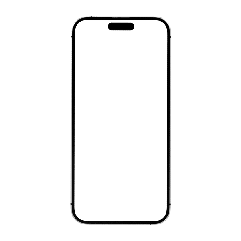iPhone PNG mockup displays a front-facing smartphone with a blank black screen and metallic edges on transparency.