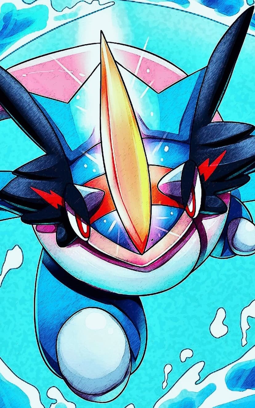 Ash-Greninja with glowing eyes and water splashes in a colorful stylized anime portrait for mobile screens.