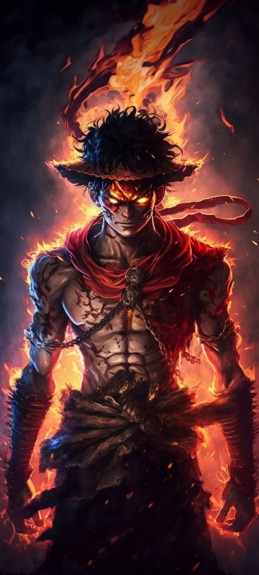 Muscular warrior wearing a straw hat and red sash stands amidst orange flames with glowing white eyes and smoke.
