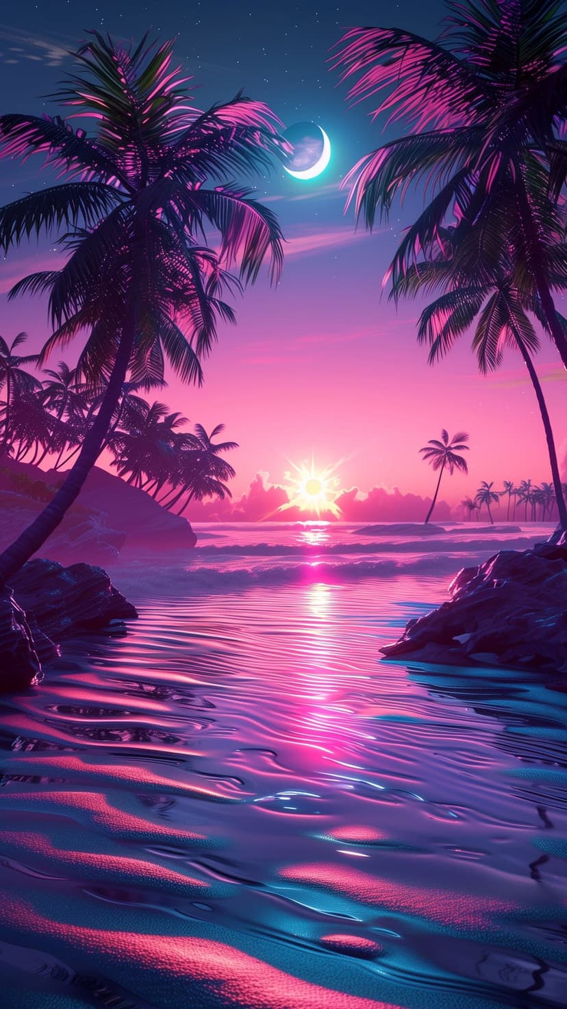 Palm tree silhouettes stand before a glowing purple sunset and crescent moon reflecting on tropical tide pools.