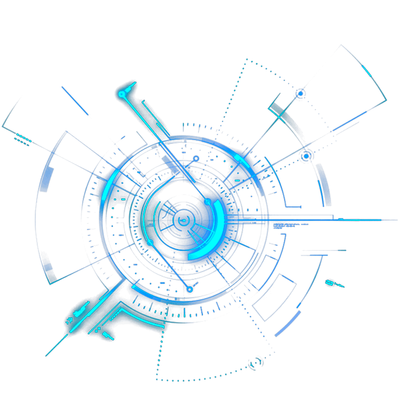 Mechanical science design glowing blue concentric rings featuring technical angular motifs and neon circuit lines.