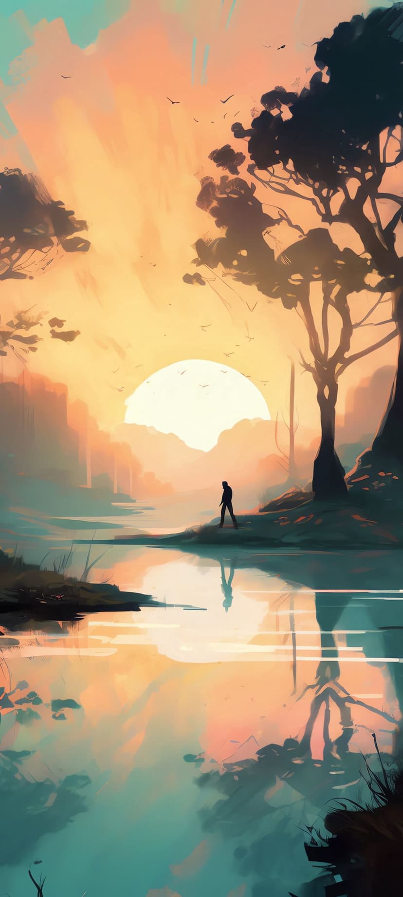 Solitary person walking on a shoreline during a teal and orange sunset mirrored in a calm lake with bird silhouettes.