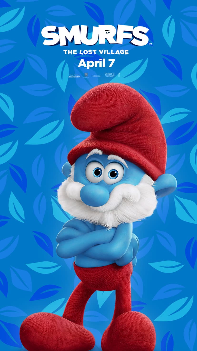 Papa Smurf stands with arms crossed wearing a red hat and white beard against a blue leaf-patterned background.