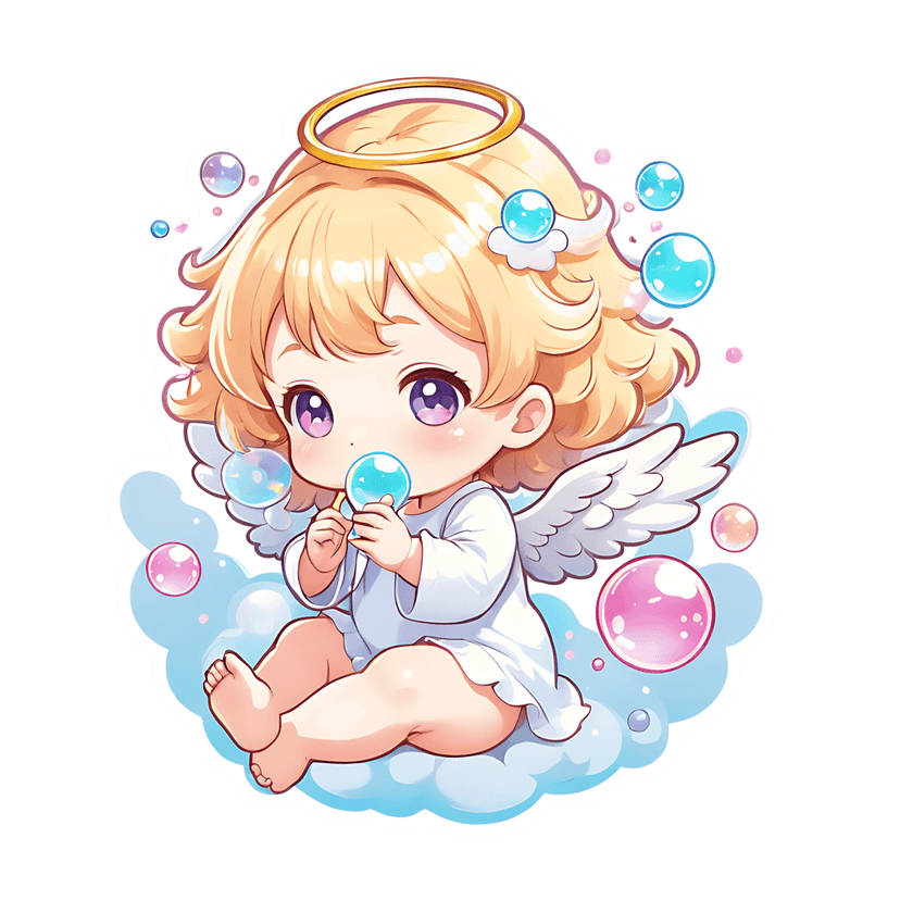 Chibi angel character with blonde hair blowing bubbles while sitting on a blue cloud with golden halo.